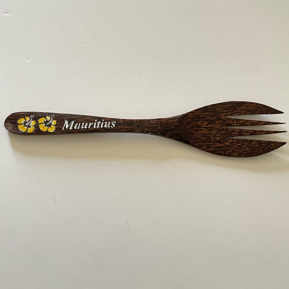 Mauritius Wooden Salad Serving Fork with Yellow Floral Design 12” long